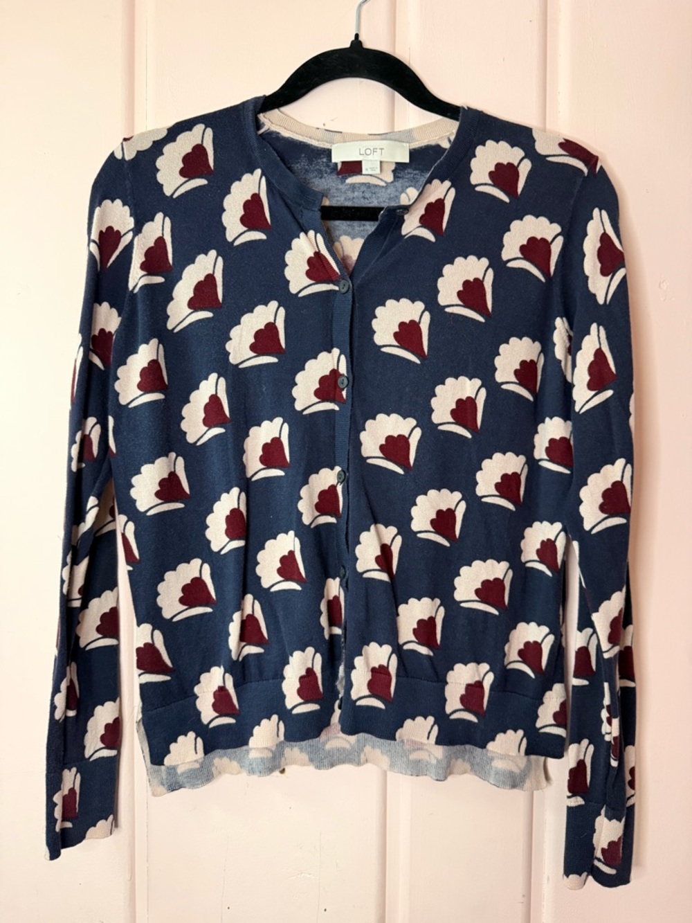 LOFT Navy Floral-Print Cardigan Sweater - Navy & Cream with Burgundy Accents SzM